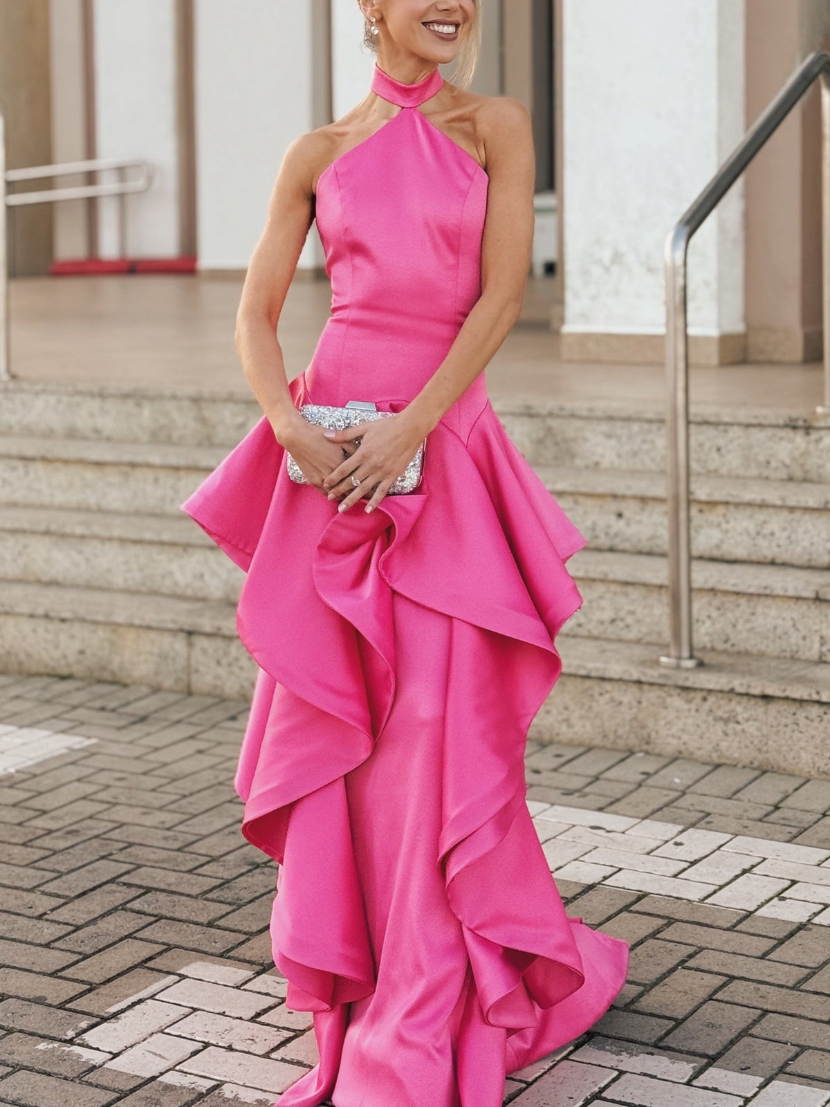 HotPink Satin Halter Ruffle Tiered Maxi Dress
