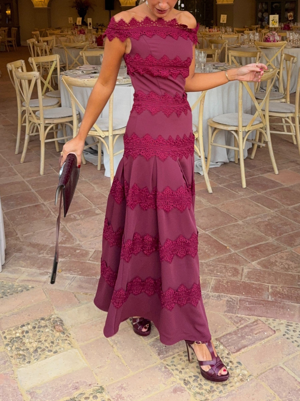 Burgundy Lace Trim Off Shoulder Mermaid Maxi Dress