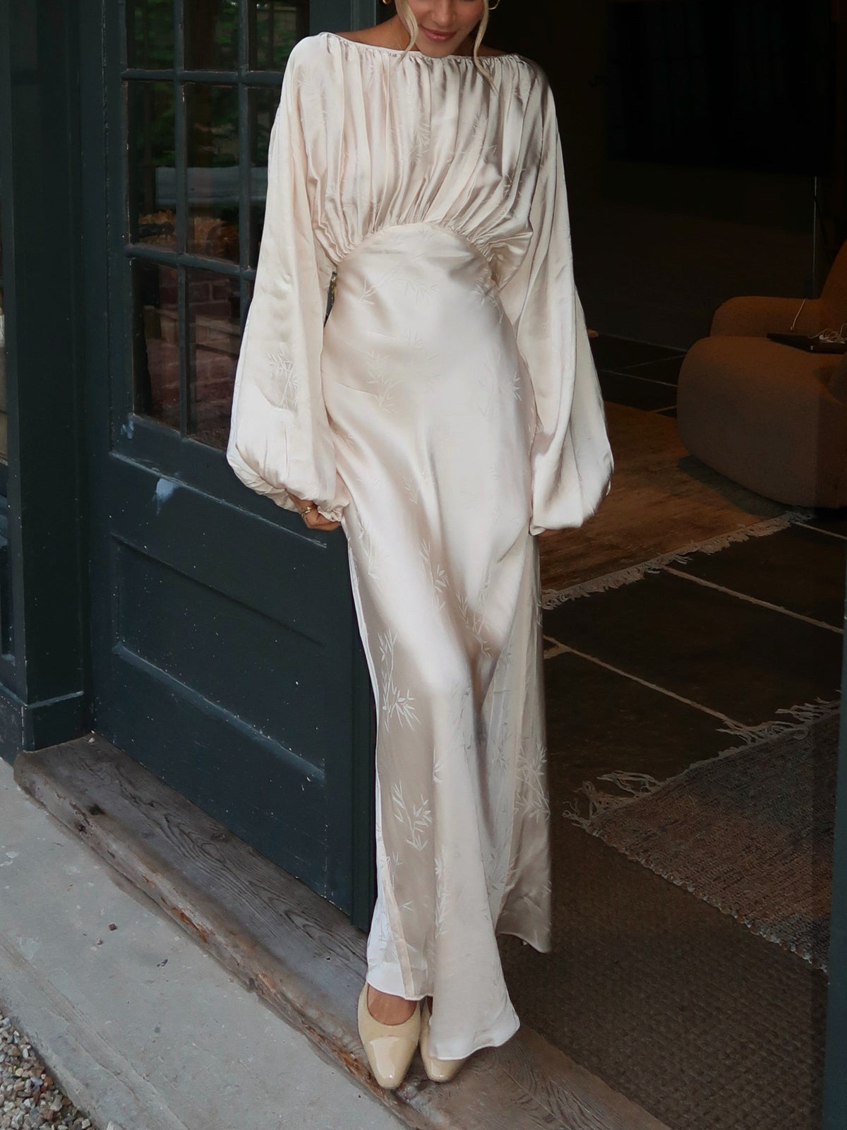 Champagne Satin Embroidered Long Sleeve Bias Maxi Dress
