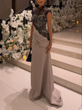 Taupe Satin Lace Bodice Draped Maxi Dress