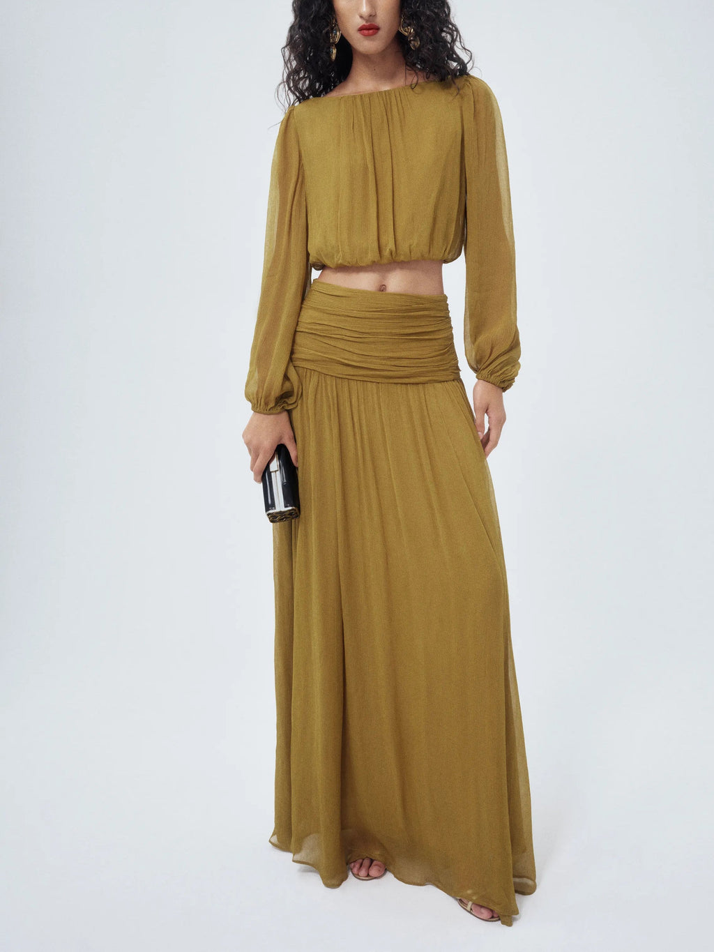 Olive Sheer Two Piece Crop Top and Maxi Skirt Set