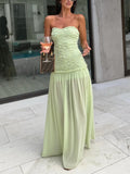LightGreen Strapless Ruched Bodice Maxi Dress