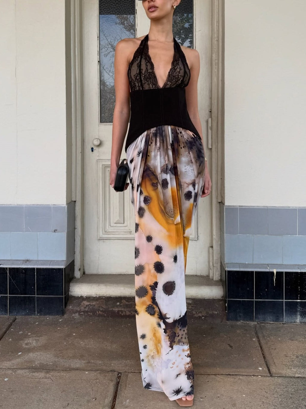 Black Lace Halter Watercolor Print Maxi Dress