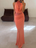 Coral Lace Halter Draped Cowl Neck Maxi Dress