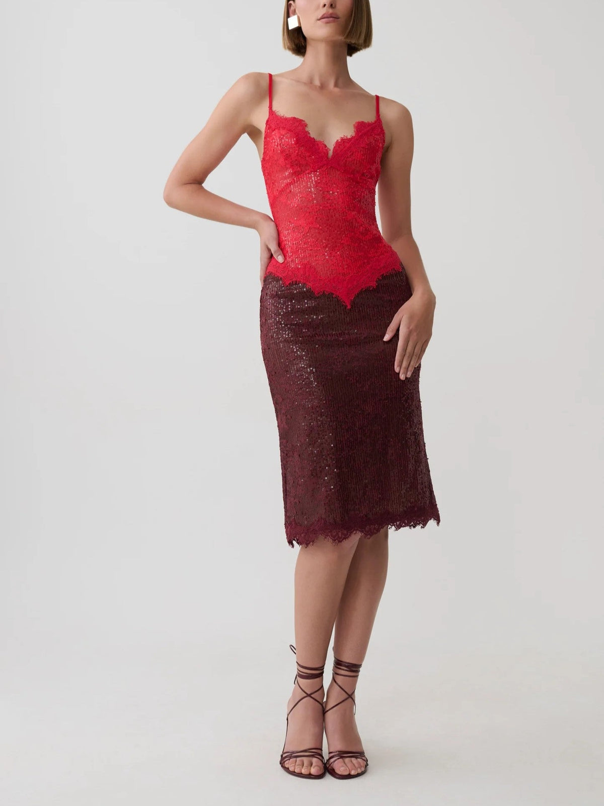 Red Lace Sequin Midi Dress