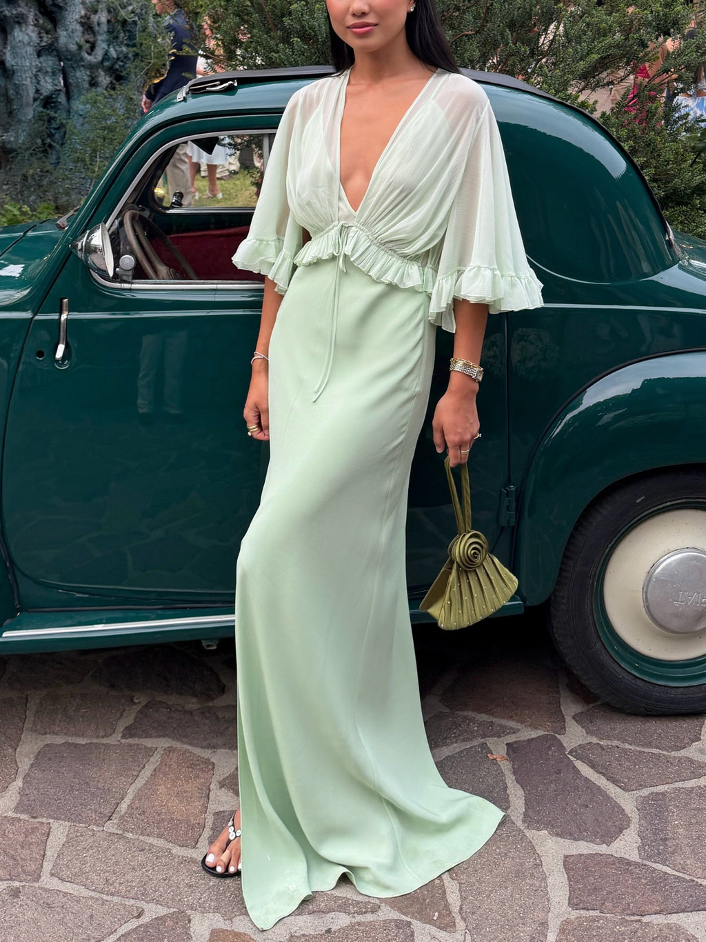 LightGreen Chiffon V Neck Ruffle Maxi Dress