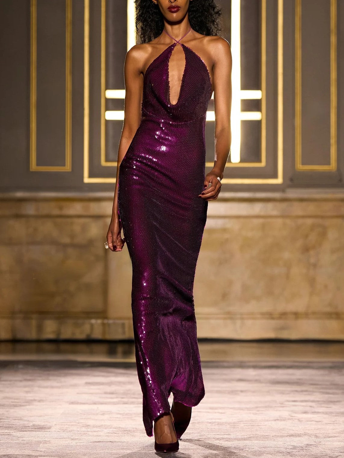 Purple Sequin Halter Cutout Maxi Dress