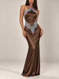 Brown Lace Applique Halter Maxi Dress