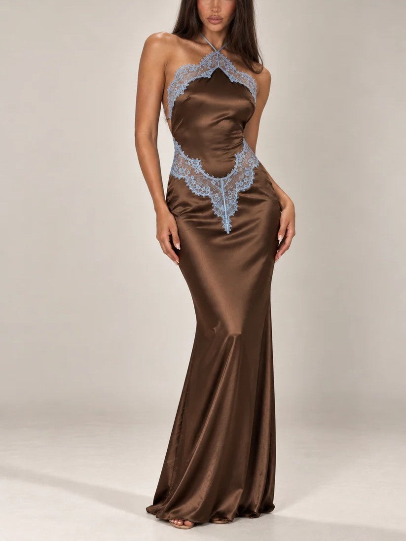 Brown Lace Applique Halter Maxi Dress