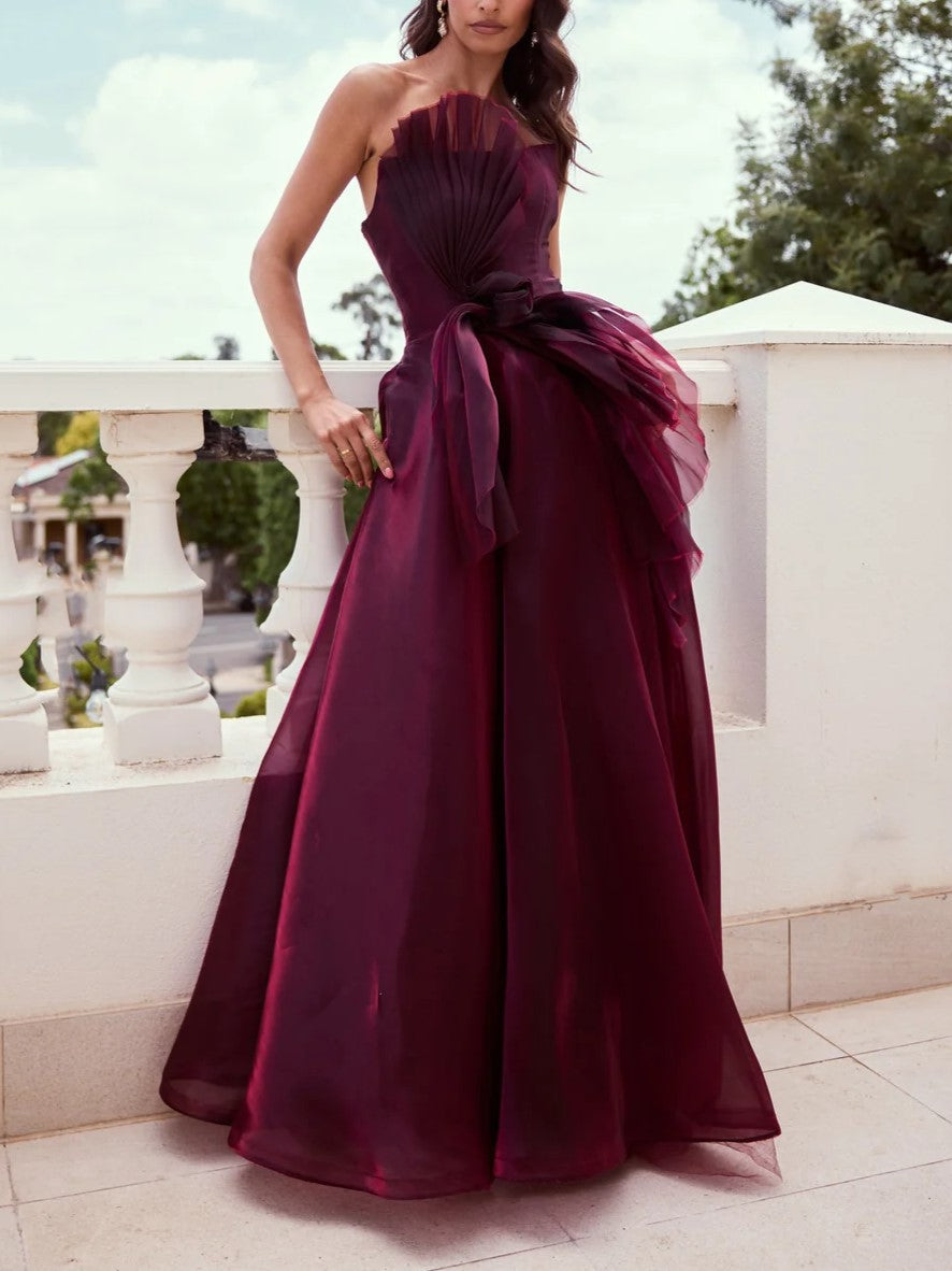 Burgundy Organza Strapless Maxi Dress