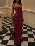 Red Lace Square Neck Maxi Dress