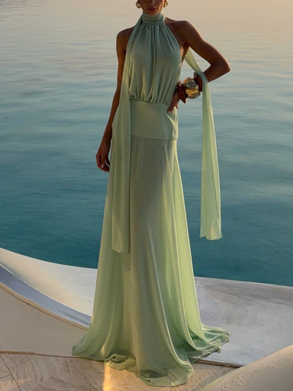 LightGreen Chiffon Halter Maxi Dress
