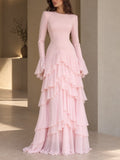 Pink Chiffon Long Sleeve Tiered Maxi Dress
