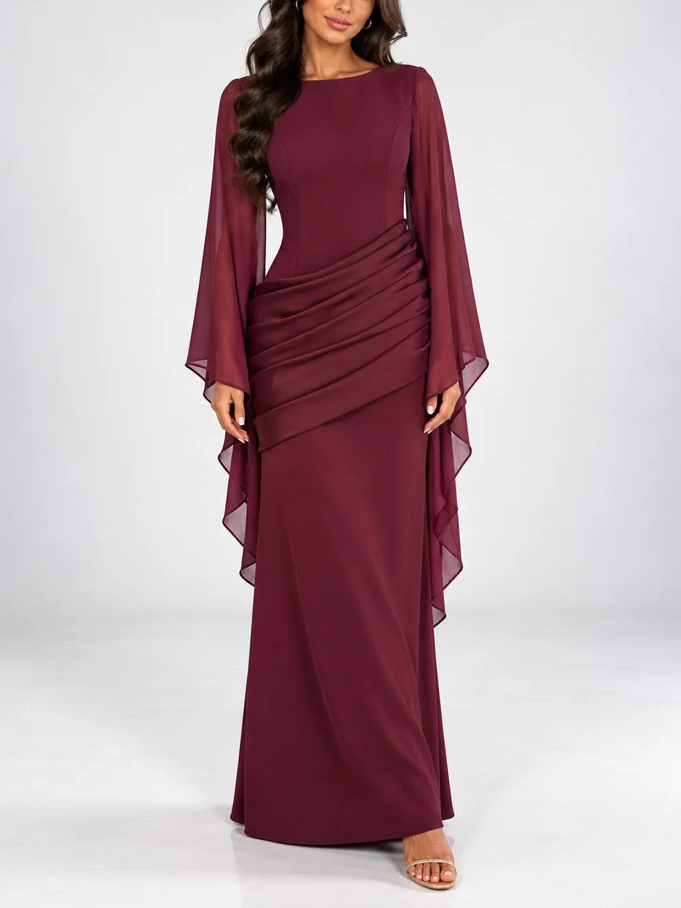 Burgundy Boat Neck Draped Cape Maxi Dress