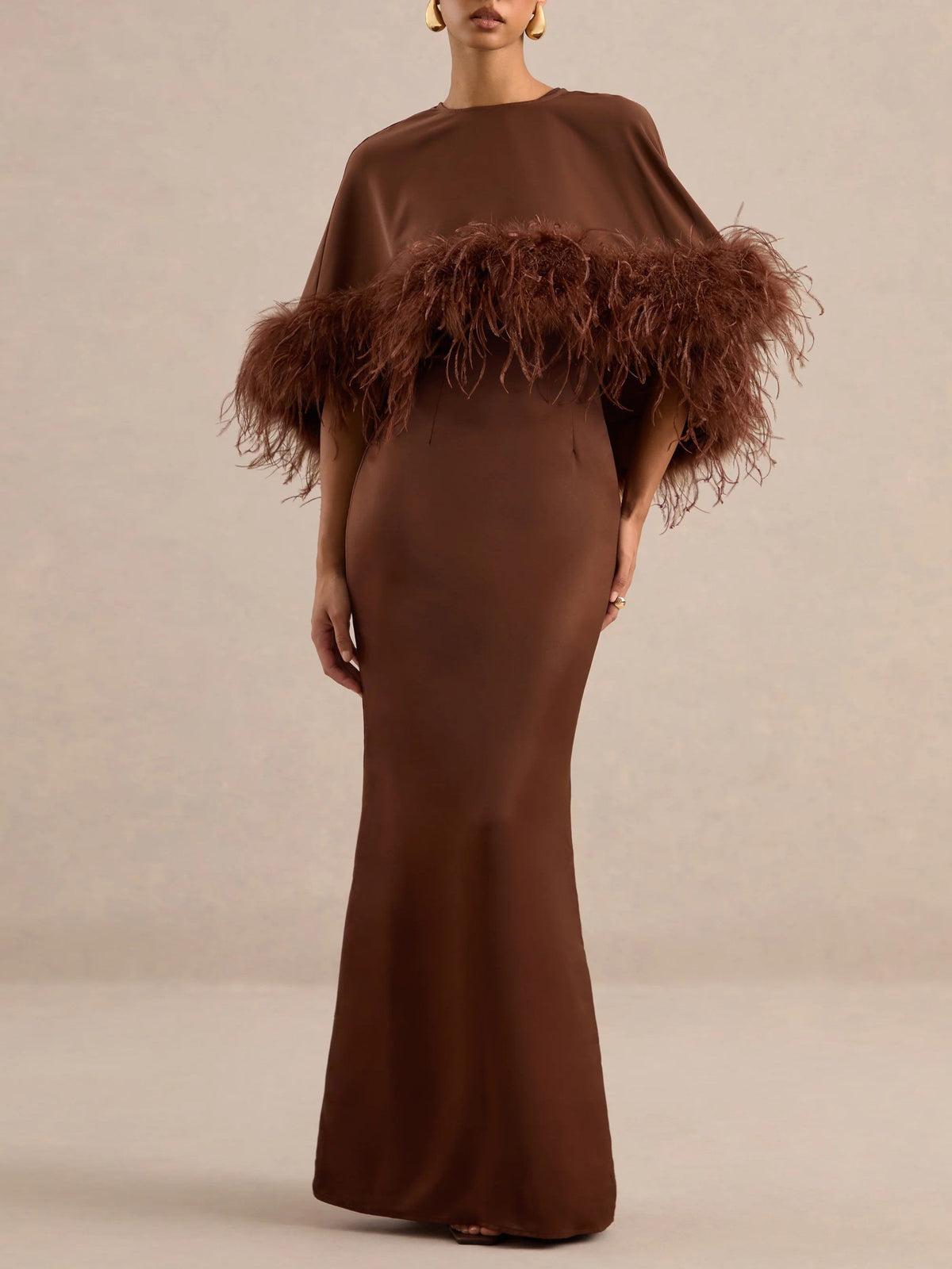 Brown Off-Shoulder Feather Trim Maxi Dress with Shawl