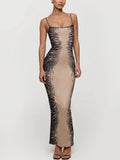 Beige Tiger Print Sheer Spaghetti Strap Maxi Dress