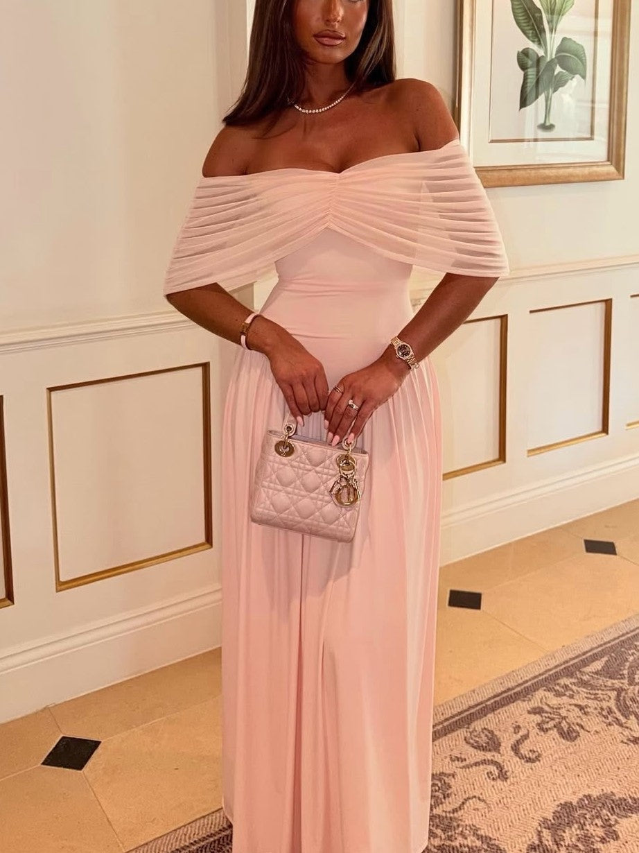 LightPink Off Shoulder Ruched Maxi Dress