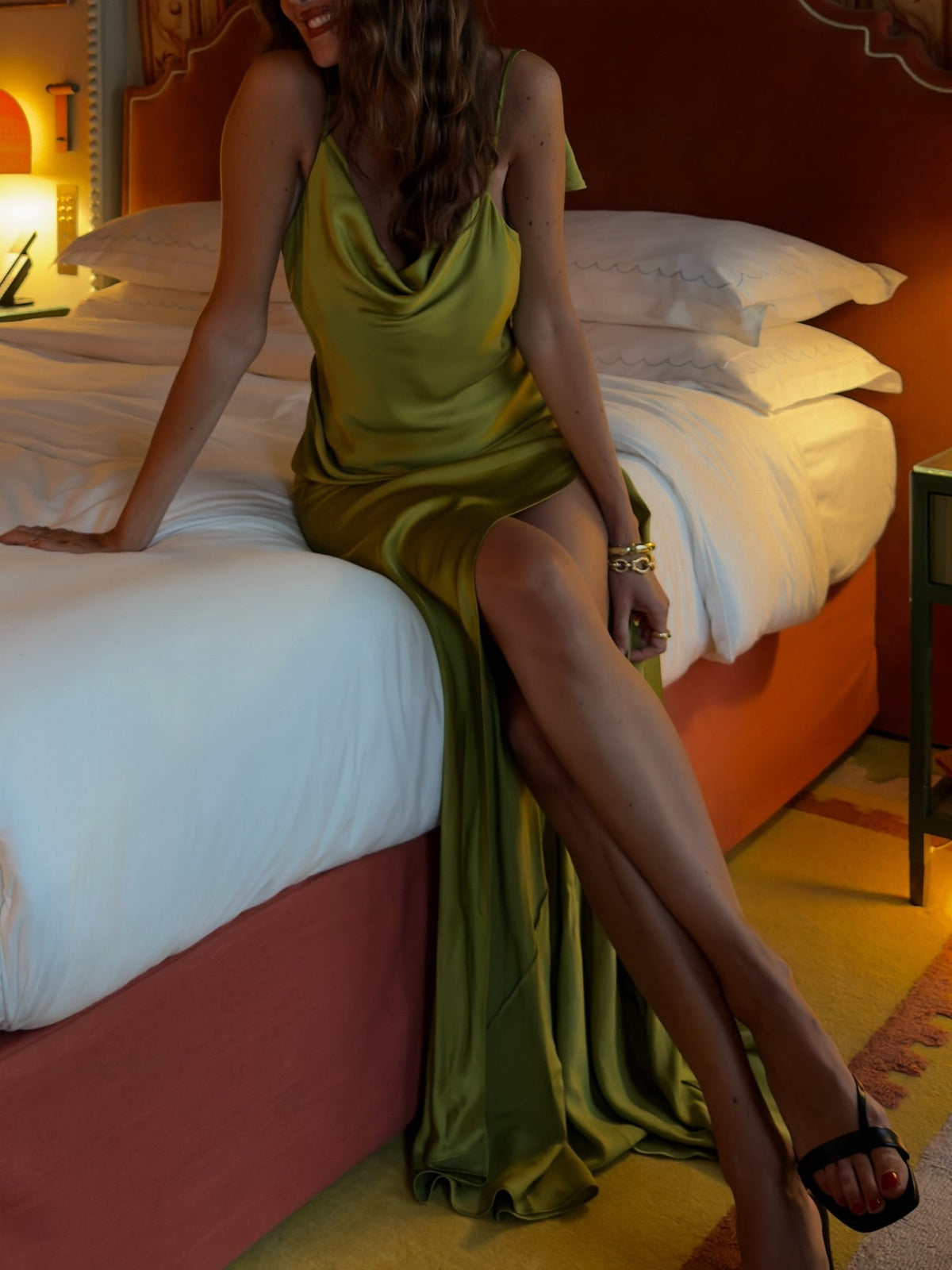 OliveGreen Cowl Neck High Slit Maxi Dress