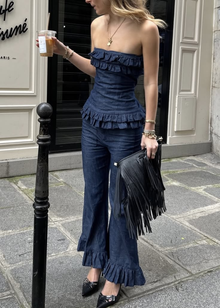 Denim Strapless Ruffle Trim Top And Flare Pants Set