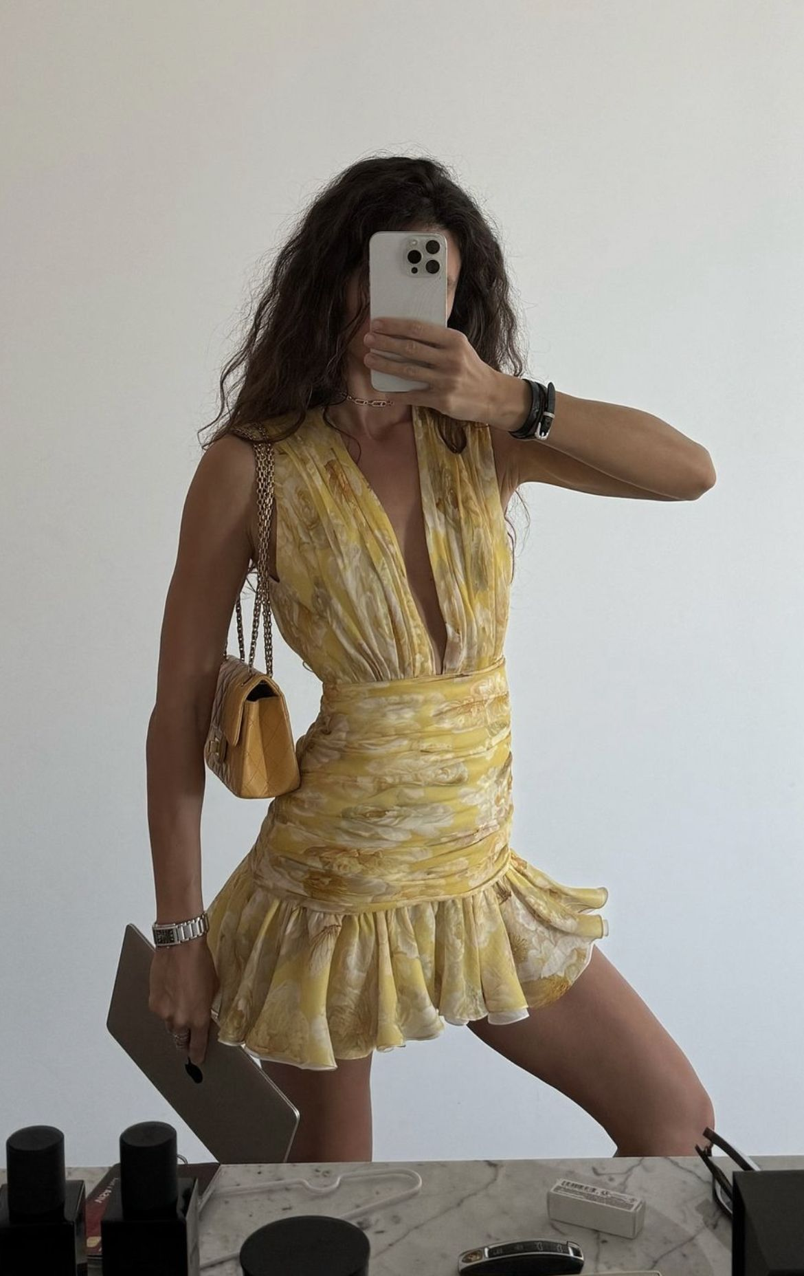 Yellow Abstract Marble Ruched Ruffle Mini Dress