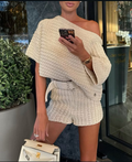 Asymmetrical Knit Off-Shoulder Top And Shorts Set
