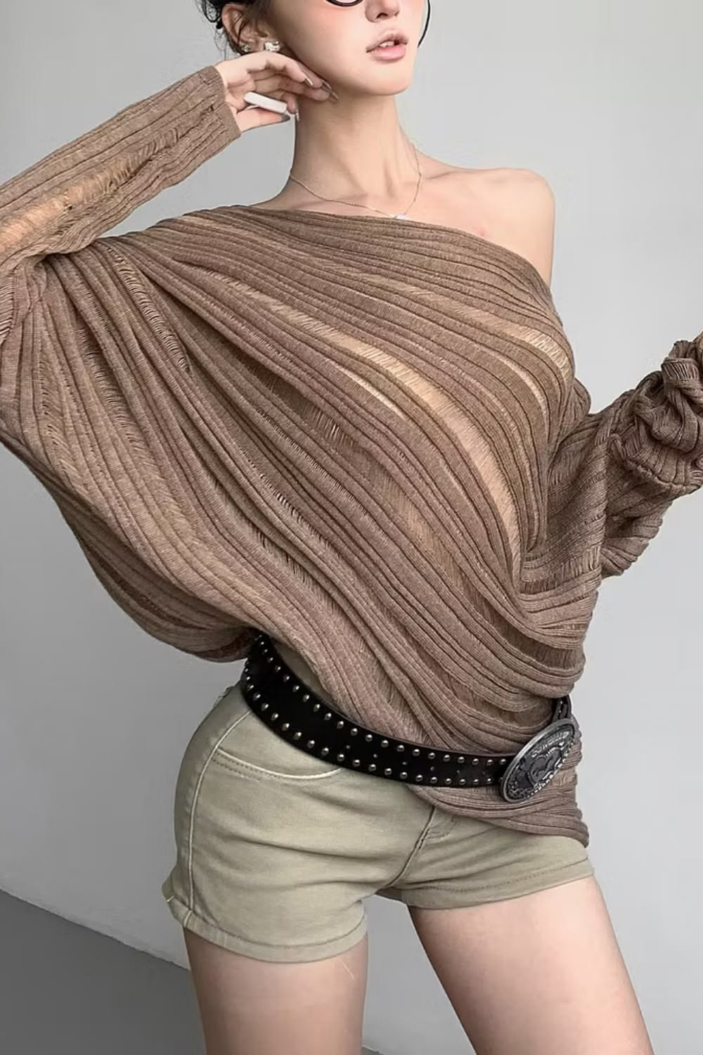 Brown Pleated Asymmetric Off-Shoulder Top
