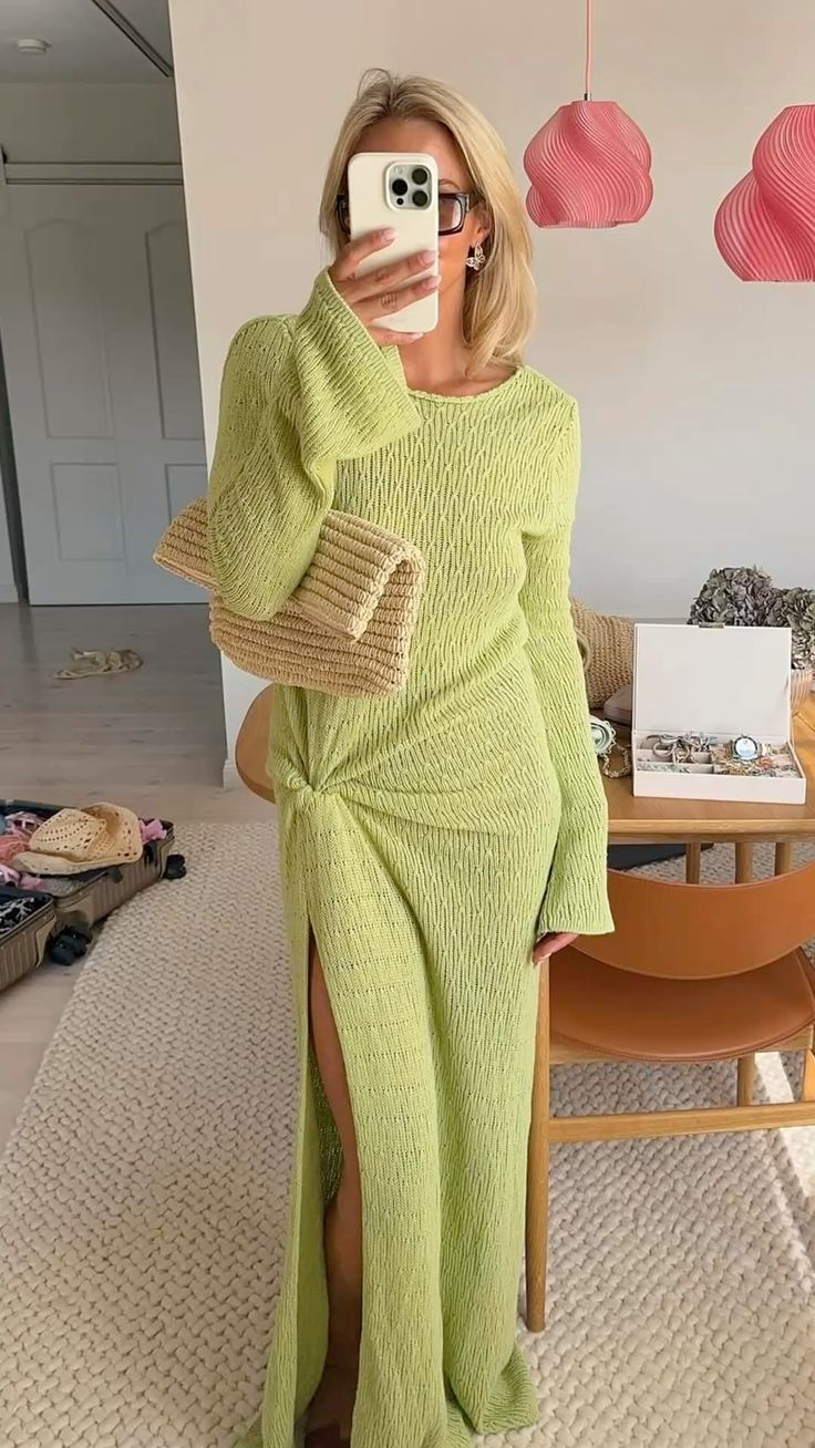 Lime Green Textured Knit Twist Maxi Dress