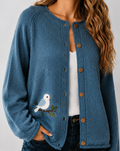 Blue Knit Cardigan With Embroidered Bird