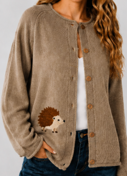 Taupe Knit Cardigan With Embroidered Hedgehog
