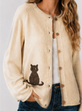 Cream Knit Cardigan With Embroidered Cat