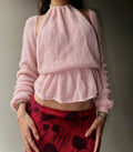Pink Halter Neck Ruffle Peplum Knit Top
