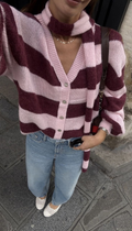 Maroon And Pink Stripe Knit Cardigan Set