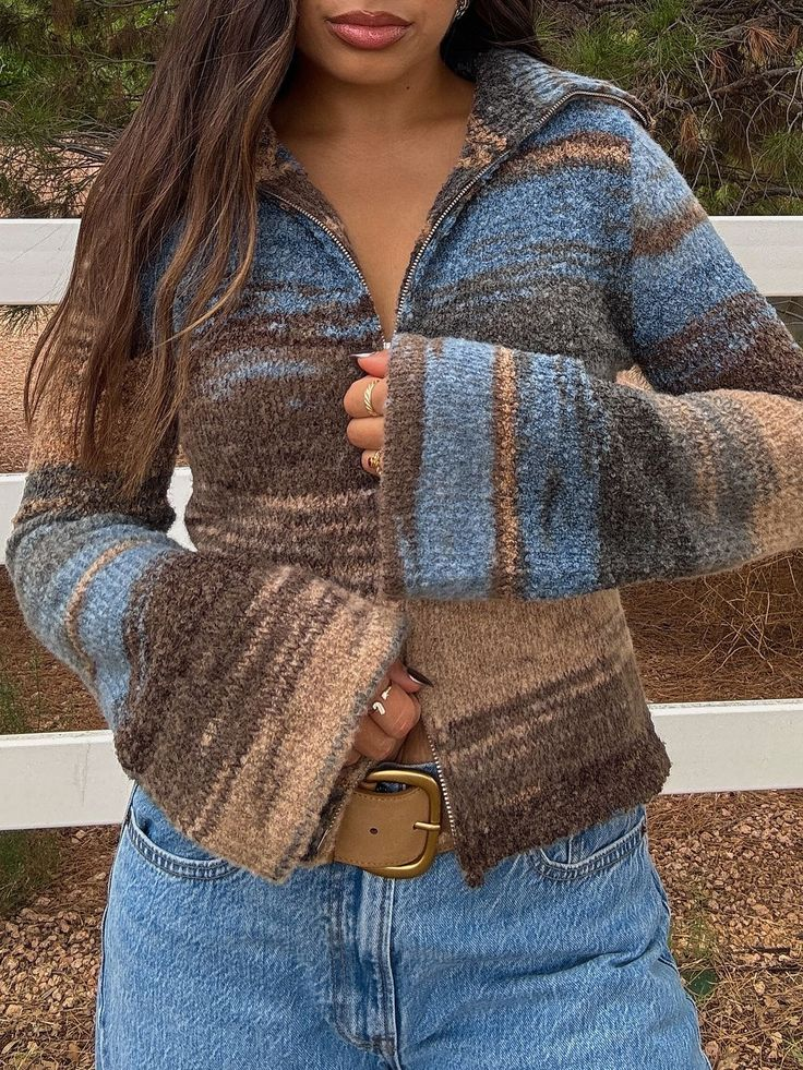 Blue Brown Stripe Zip-Up Knit Cardigan