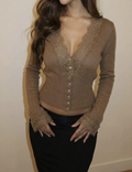 Taupe Lace Trim Button-Down Knit Top
