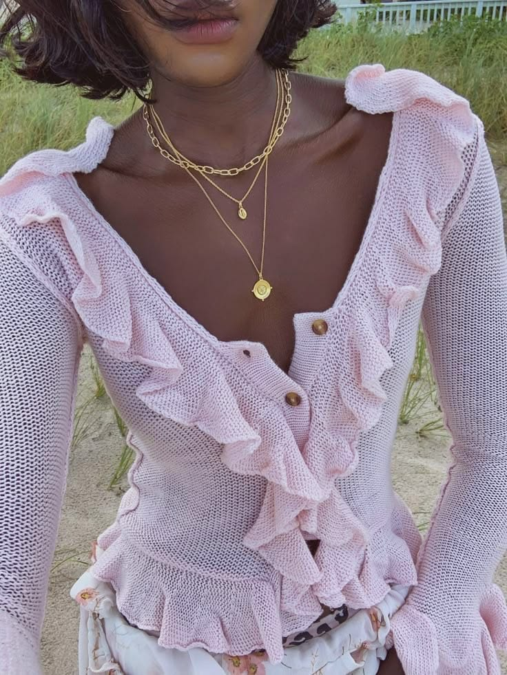 Pink Ruffle Trim Button-Down Knit Top