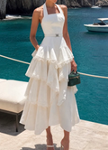 White Halter Neck Tiered Ruffle Midi Dress