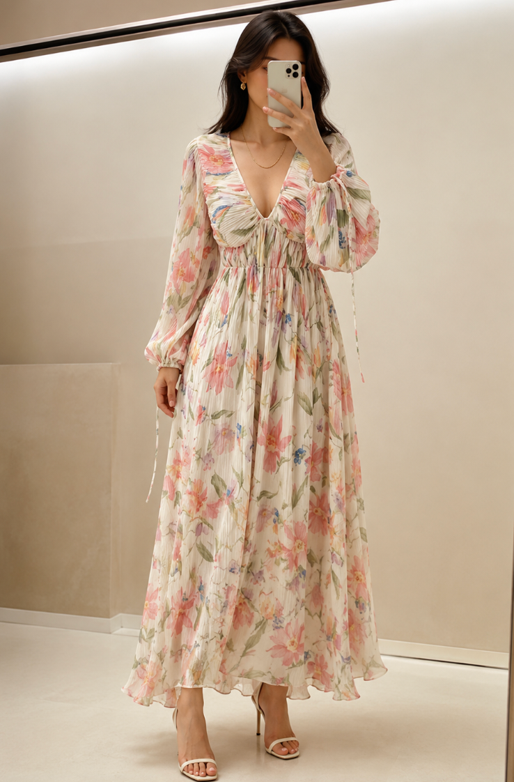 White Floral Pleated Balloon Sleeve Maxi Dress
