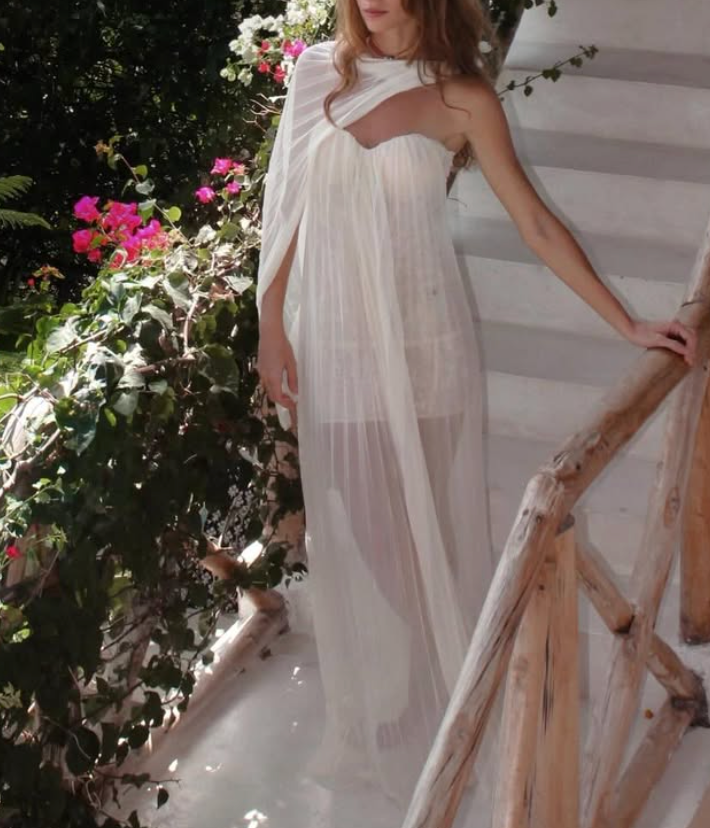 White Pleated One-Shoulder Maxi Dress