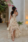 Cream Floral Strapless Ruffle Maxi Dress