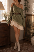 Olive Green Off Shoulder Fringe Knit Sweater