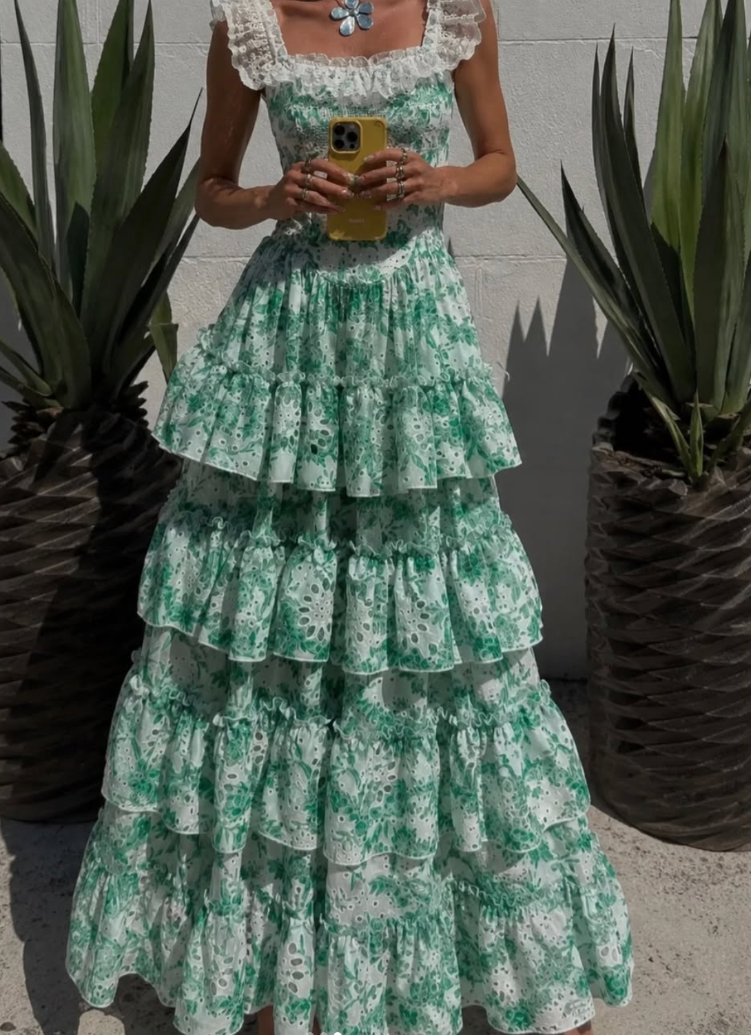 Green Floral Eyelet Tiered Maxi Dress