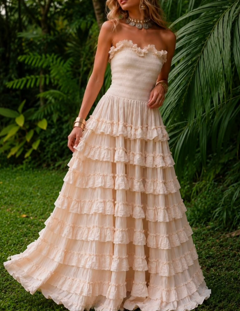 Peach Strapless Smocked Tiered Maxi Dress