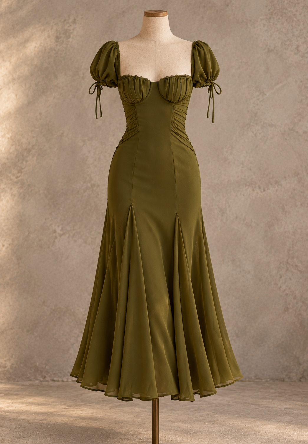 Olive Puff Sleeve Mermaid Midi Dress