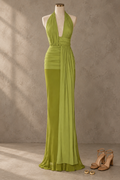Lime Green Satin Halter High Slit Maxi Dress