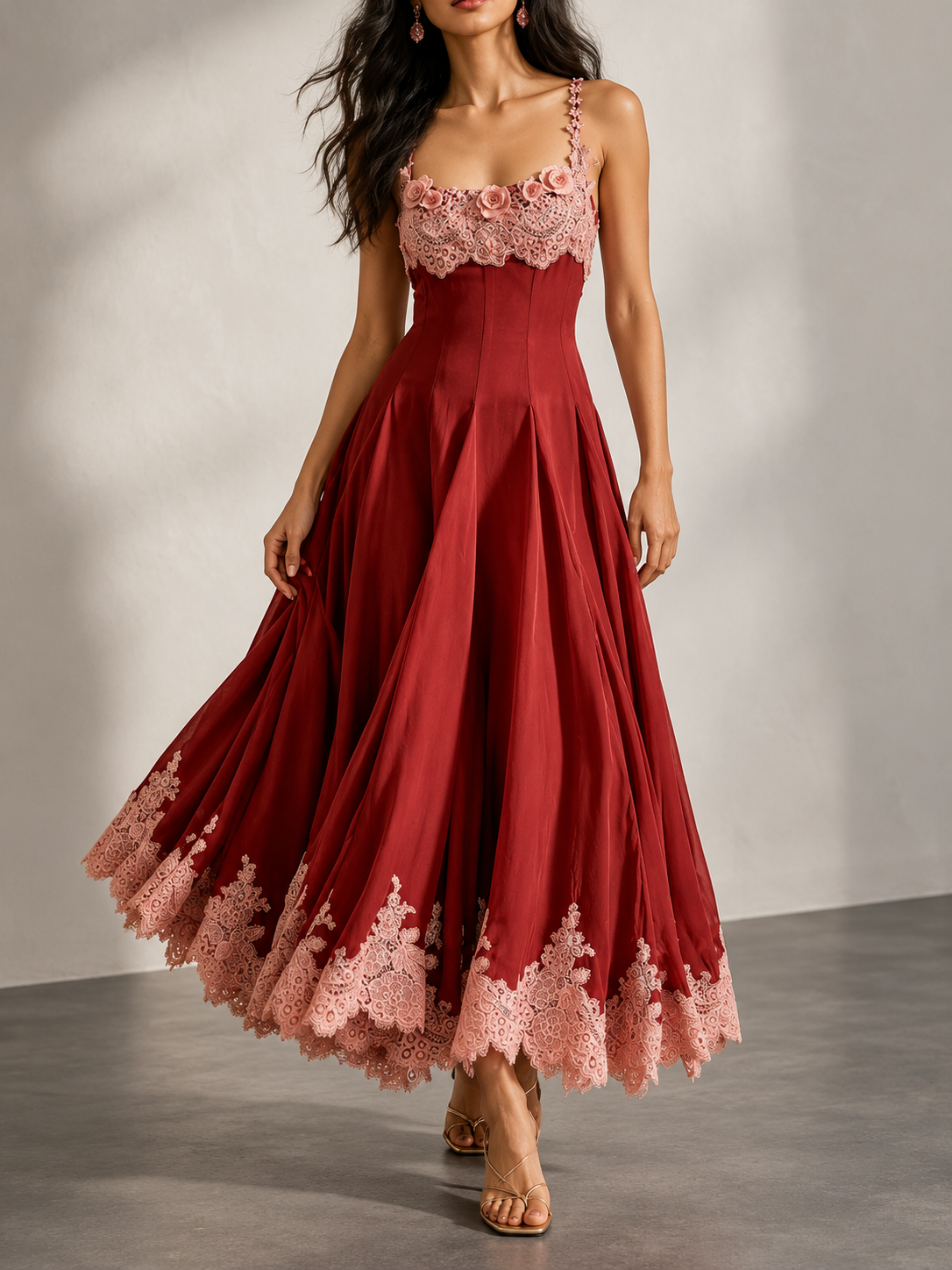 Burgundy Satin Lace Trim Sleeveless Maxi Dress