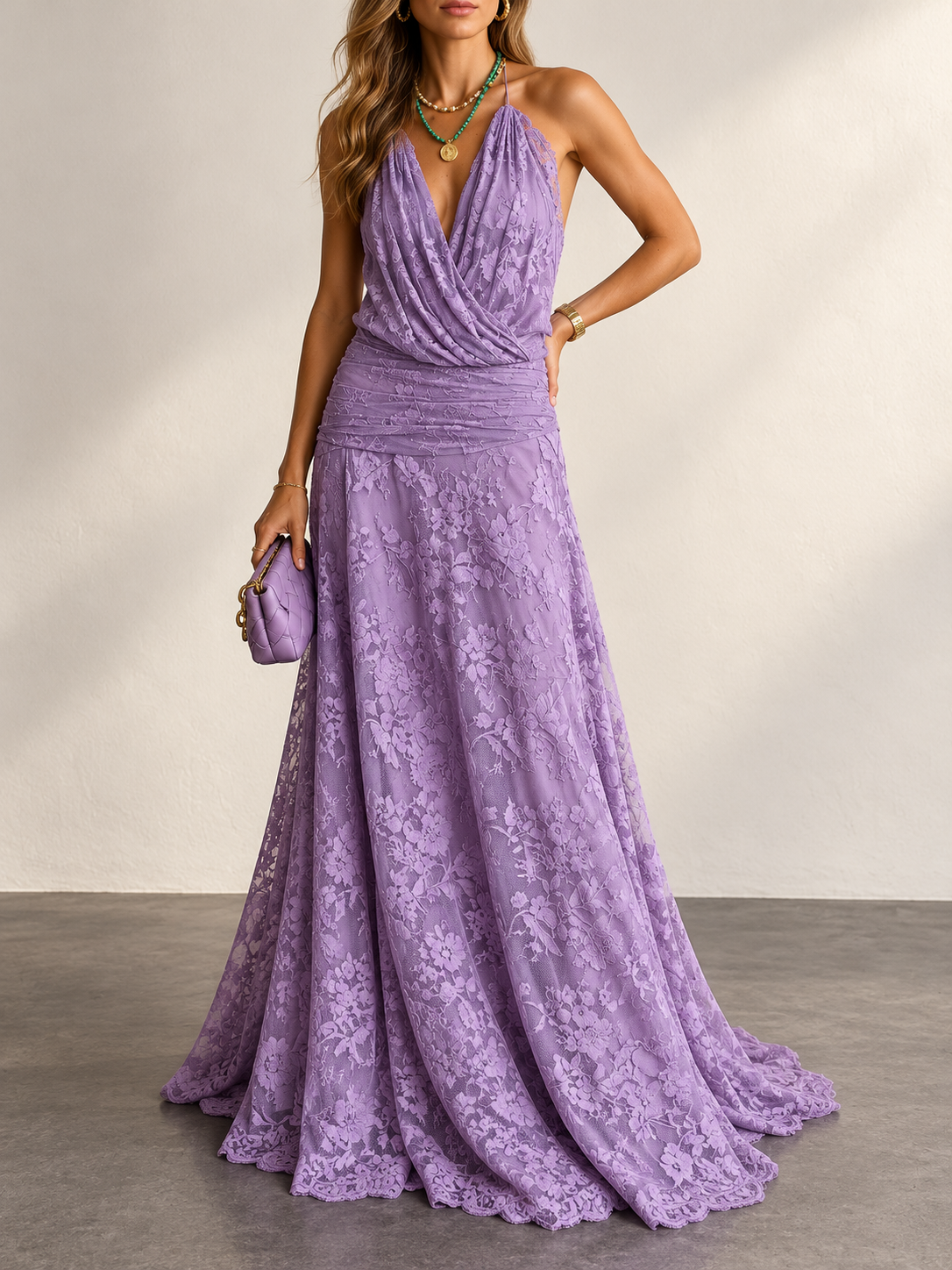 Lilac Lace Halter Draped Maxi Dress