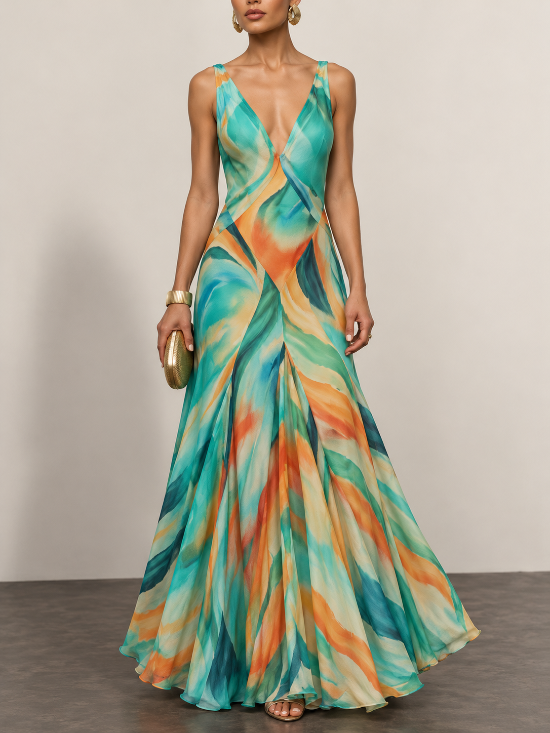 Multicolor Watercolor Print V Neck Maxi Dress