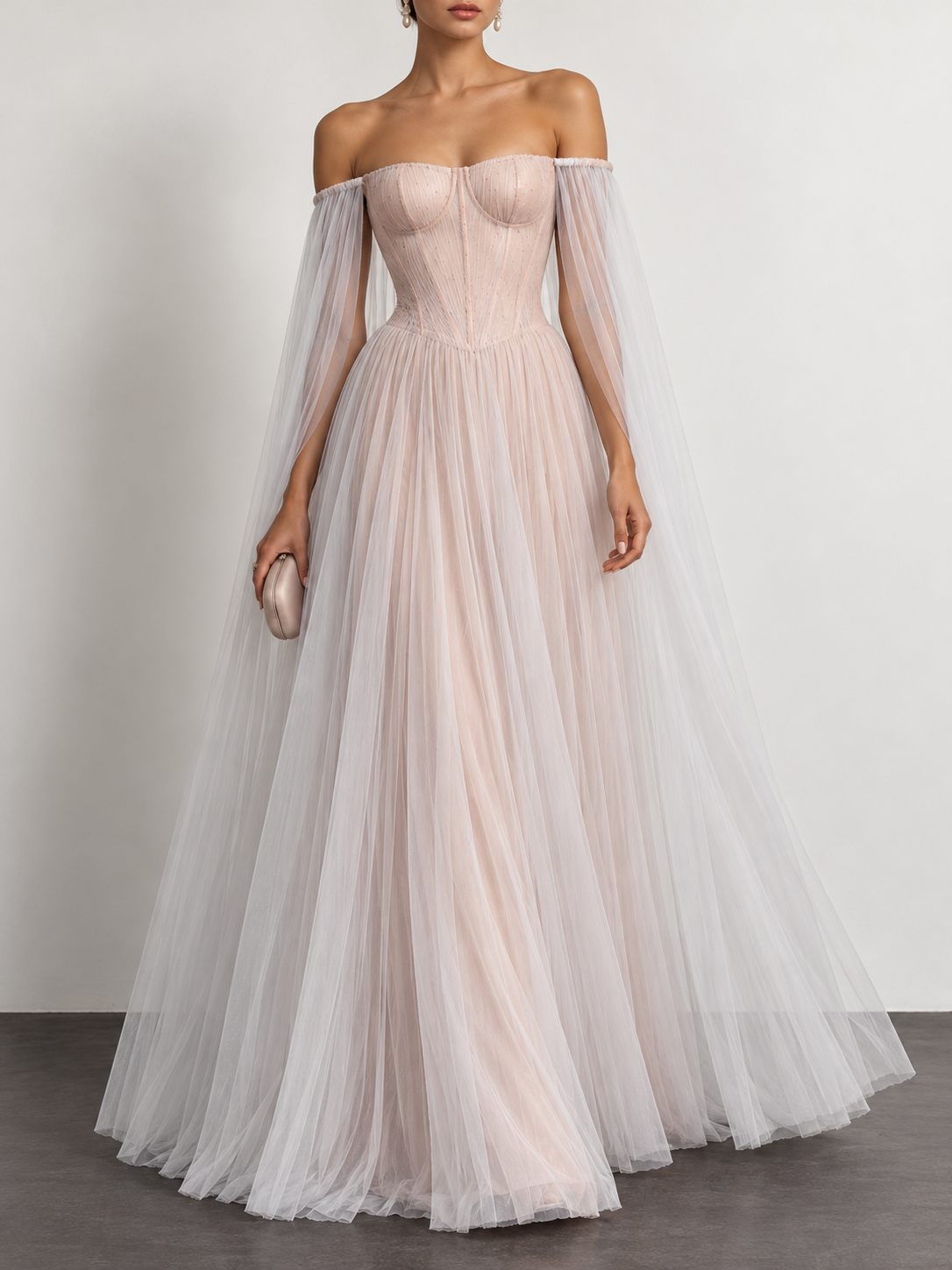 Blush Tulle Off Shoulder Cape Maxi Dress