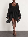 Black Sheer Chiffon Lace Trim Mini Dress
