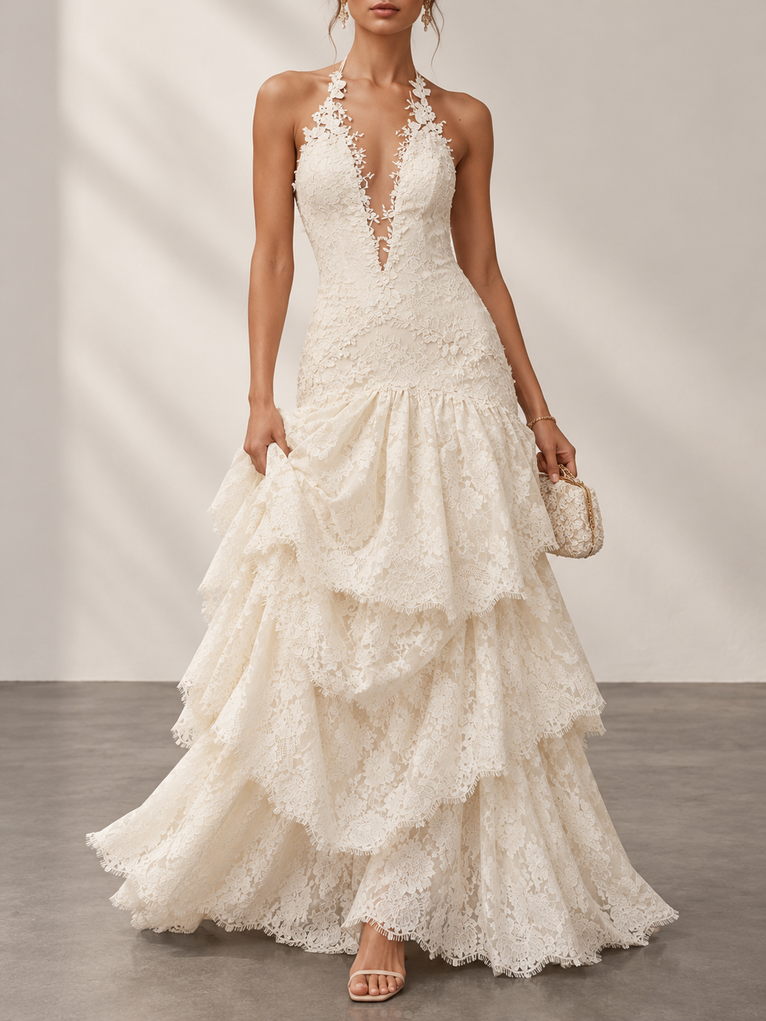 Cream Lace Halter Tiered Maxi Dress